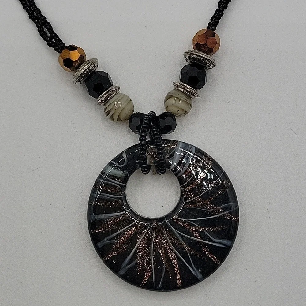 Vintage Double Stranded Adjustable Necklace Circular Medallion Black Bronze
